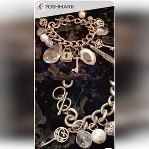 Elegant Vintage Silver Charm Bracelet with Crystal Accents. Sz 8 To 10